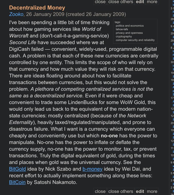A blog post titled "Decentralized Money" by Zooko dated 26 January 2009, discussing digital currencies like World of Warcraft Gold, Second Life's LindenBucks, DigiCash, BitGold, b-money, and Bitcoin by Satoshi Nakamoto.