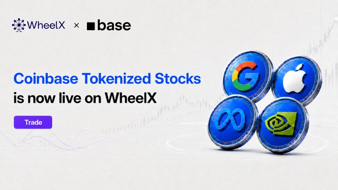 A promotional graphic announcing 'Coinbase Tokenized Stocks is now live on WheelX' in partnership with Base, featuring 3D blue coin icons representing Google, Apple, Meta, and NVIDIA.