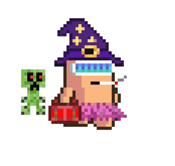 Pixel art depicting a wizard character wearing a purple hat and smoking a cigarette, standing next to a small green creeper creature from Minecraft.