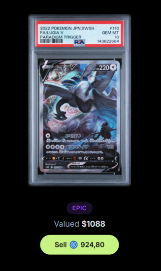 A graded 2022 Pokémon Japanese card labeled 'PARADIGN TRIGGER' featuring a character artwork is displayed in a PSA slab, appraised as 'EPIC' with a valued price of '$1088' and a sell option of '924,80'.