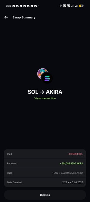 A mobile cryptocurrency swap summary screen showing a SOL to AKIRA transaction, with 0.05994 SOL paid and 391,588.9296 AKIRA received at a rate of 1 SOL = 6,533,015.1752 AKIRA, dated 2:25 am, 8 Jul 2026.