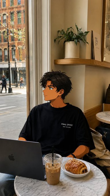 An anime-style illustration of a boy with dark hair and a black 'FINAL OFFER' t-shirt sitting at a marble cafe table with a laptop, an iced coffee, and a croissant, looking out the window.
