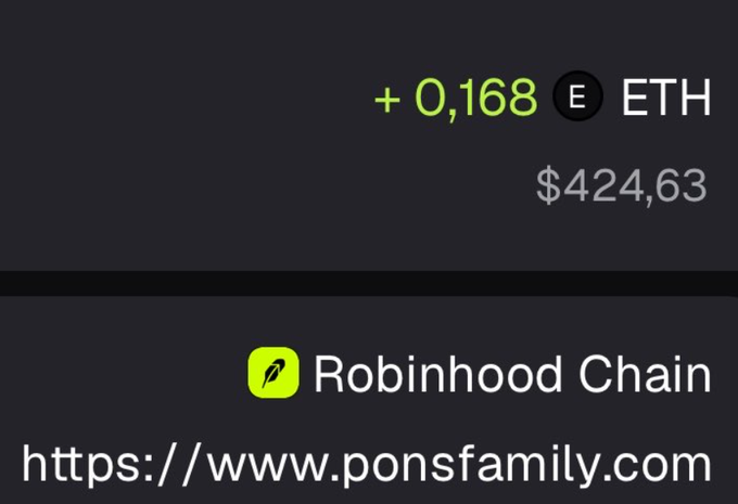 The image displays a Robinhood Chain interface showing a balance of "+0,168 ETH" valued at "$424,63", along with the text "Robinhood Chain" and the URL "https://www.ponsfamily.com". It illustrates the end result of the guide's instructions for earning ~$425 USD through the PONS platform, where the earned ETH sits in the wallet.