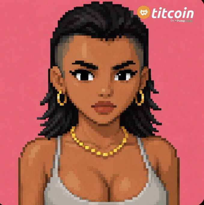A pixel-art style portrait of a young woman with dark skin, black hair, gold hoop earrings and necklace, wearing a white top against a pink background, branded "titcoin" by PumpGMS in the corner.