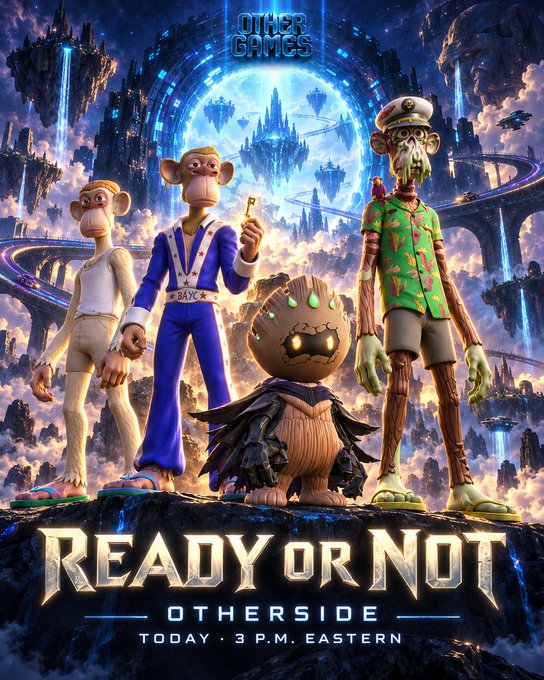 A video game promotional poster titled 'Ready or Not: Otherside' by Other Games, featuring cartoon-style characters including monkeys, a sailor, and a captain in front of a futuristic floating city.