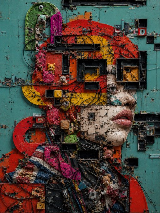 A mixed-media digital artwork depicting a woman's face partially obscured by a colorful, collage-like structure of teal, red, and yellow abstract shapes with embedded mechanical and decorative elements.