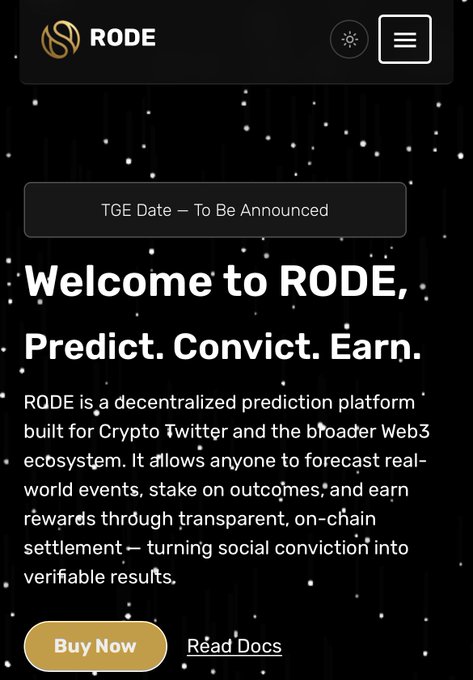 The image is a dark-themed promotional landing page for "RODE," featuring the RODE logo, a banner stating "TGE Date – To Be Announced," and headline text "Welcome to RODE, Predict. Convict. Earn." It describes RODE as a decentralized prediction platform for Crypto Twitter and Web3, allowing users to forecast real-world events, stake on outcomes, and earn on-chain rewards, with "Buy Now" and "Read Docs" buttons at the bottom. The image serves as the official platform page that the accompanying X post is directing followers to via the referral link (rode.finance/buy?ref=MXEBGS) for a $70 giveaway requiring signup as proof of entry.