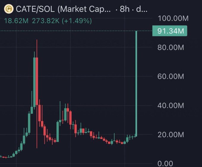 A CATE/SOL market cap chart on an 8-hour timeframe shows a dramatic surge to a new all-time high of 91.34M (up +1.49%), with the latest candle spiking vertically from around 18.62M, visually confirming the post's claim of a "NEW ATH IN ONE DAY CANDLE" for the $CATE token.