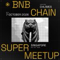 A black promotional graphic with yellow and white text reading 'BNB CHAIN', '2 network 2025', 'SUPER MEETUP', and 'Dearlove' alongside a grayscale image of a bear.