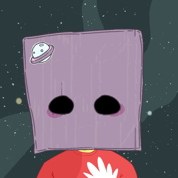 A cartoon character with a purple paper bag over its head, decorated with a small UFO sticker and black eye holes, floats against a starry night sky while wearing a red shirt with a white sunburst emblem—matching the quirky, collectible art style of the Hood Misfits NFT mentioned in the post.