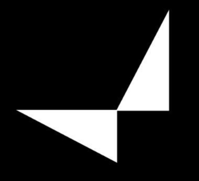 A minimalist black square logo featuring two interlocking white triangles that form an abstract arrow or geometric shape.