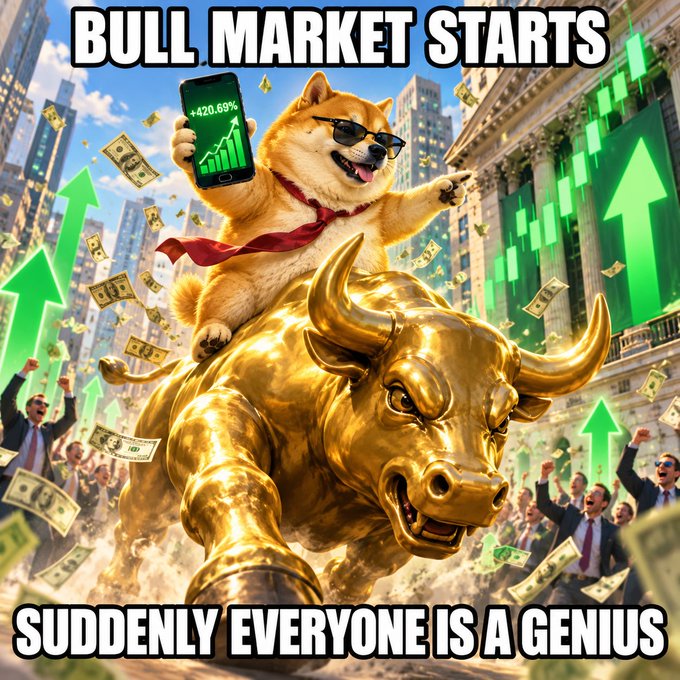 A meme featuring the Doge dog wearing sunglasses and holding a phone showing a green chart, riding a golden bull statue with money flying around, captioned 'BULL MARKET STARTS SUDDENLY EVERYONE IS A GENIUS'.