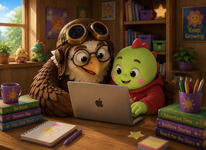 A 3D-rendered scene of a cartoon owl wearing aviator goggles and a small green dragon in a red hoodie sitting at a wooden desk using an Apple laptop, surrounded by colorful children's books with titles like 'Be Kind', 'Dream Big', 'Adventure Time', and 'Bedtime Stories'.