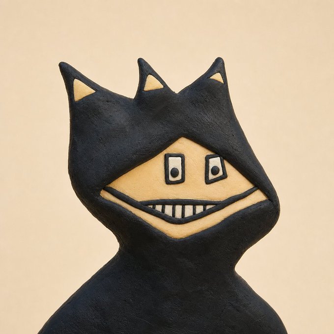 A whimsical clay sculpture depicts a hooded figure with three pointed ears, a wide toothy grin, and rectangular eyes against a cream background.