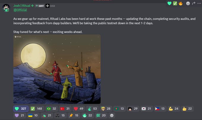 Tweet from Josh | Ritual (@Official) about Ritual Labs' mainnet preparation, accompanied by an illustration of figures in robes on a moonlit landscape.