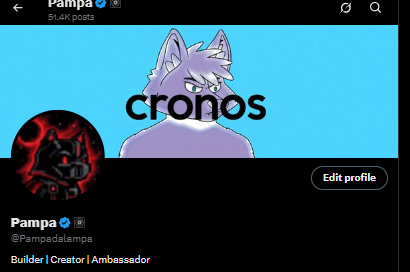 A Twitter/X profile page for 'Pampa' (@Pampadalamps) with 'cronos' written on the profile image, showing the user is a 'Builder | Creator | Ambassador'.