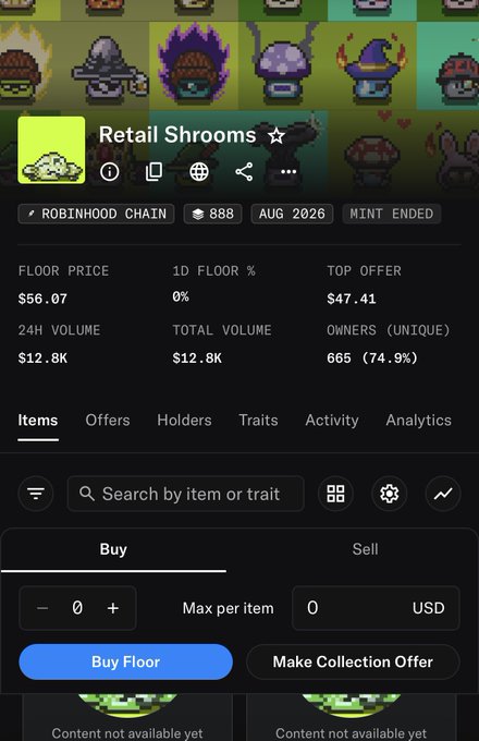 A screenshot of a digital marketplace showing an NFT collection called 'Retail Shrooms' with a floor price of $56.07 on the Robinhood Chain.