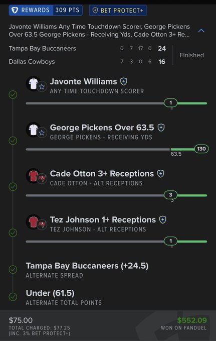 A sports betting app screenshot showing a winning "BET PROTECT+" parlay for a Buccaneers vs. Cowboys game, with a $75 wager that won $552.09; included legs are Javonte Williams anytime TD, George Pickens over 63.5 receiving yards (130 actual), Cade Otten 3+ receptions, Tez Johnson 1+ receptions, Tampa Bay +24.5 spread, and Under 61.5 total.