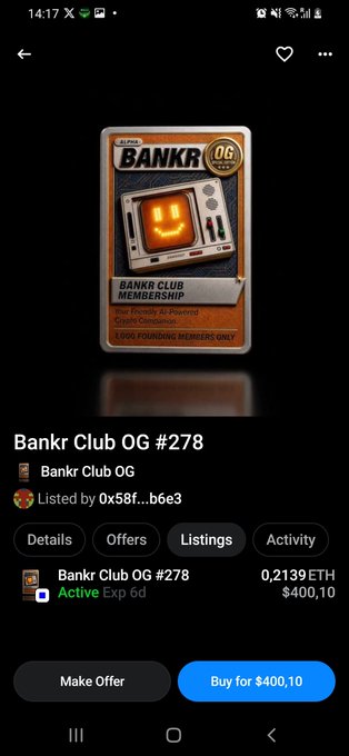 An NFT marketplace listing shows 'Bankr Club OG #278' priced at 0.2139 ETH ($400.10) on a smartphone screen.