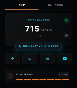 A cryptocurrency wallet app interface displaying a total balance of 715.247375 PAX, with mining active at +6.93 PAX/h and a node uptime indicator showing 8/7 days.