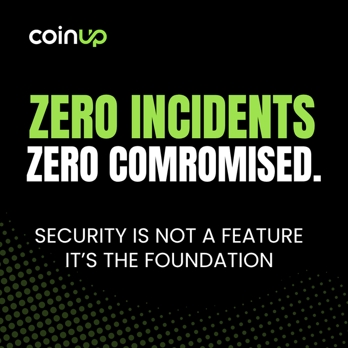 A CoinUp promotional graphic with the text 'ZERO INCIDENTS. ZERO COMPROMISED.' and 'SECURITY IS NOT A FEATURE IT'S THE FOUNDATION' on a black background.