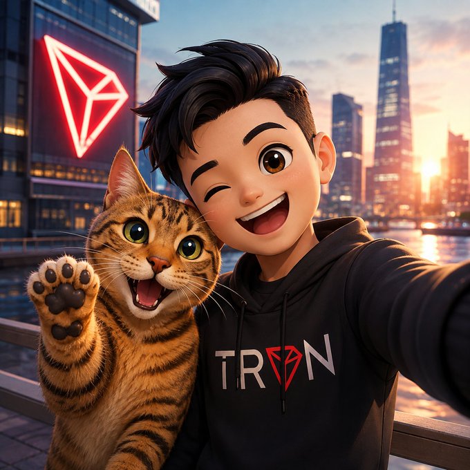 A cheerful animated boy and a tabby cat pose for a selfie on a city waterfront at sunset, with the boy wearing a hoodie displaying the "TRON" logo next to a glowing red TRON diamond emblem. The image pairs with the post by using a friendly, approachable mascot-style visual to reinforce TRON's message of making cross-border stablecoin payments simple and accessible for everyday people.