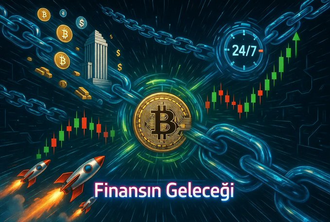 A vibrant crypto/finance graphic featuring a central Bitcoin coin surrounded by chains, candlestick charts, gold bars, dollar signs, rockets, and a 24/7 clock, with the Turkish text 'Finansın Geleceği' (Future of Finance) at the bottom.