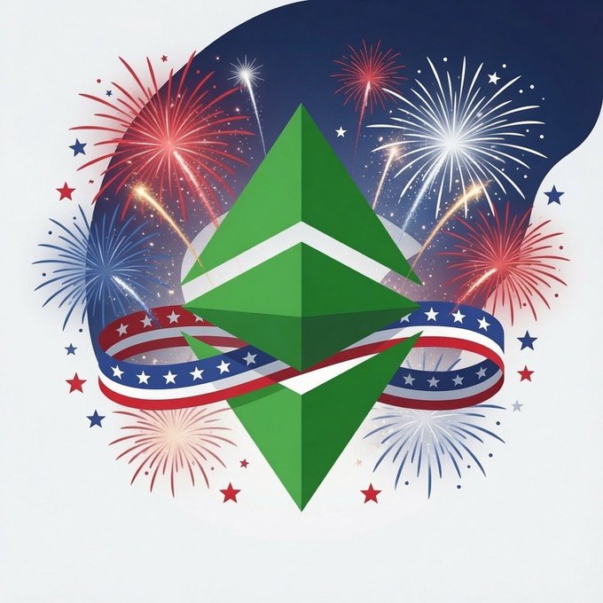 A graphic featuring the green Ethereum (ETH) logo surrounded by red, white, and blue fireworks, stars, and an American flag ribbon, likely celebrating a patriotic crypto event.
