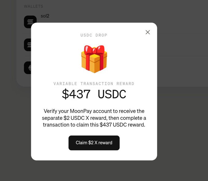 A MoonPay "USDC Drop" popup offers a $437 USDC variable transaction reward, requiring users to verify their MoonPay account via a "Claim $2 X reward" button to redeem it. The image illustrates the verification obstacle highlighted in the post, where the user cannot claim the reward because MoonPay's verification is unavailable in India.