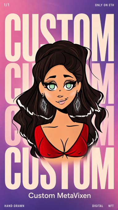 An NFT digital trading card titled 'Custom MetaVixen' featuring a hand-drawn illustration of a dark-haired woman in a red top, labeled 'ONLY ON ETH' at the top.