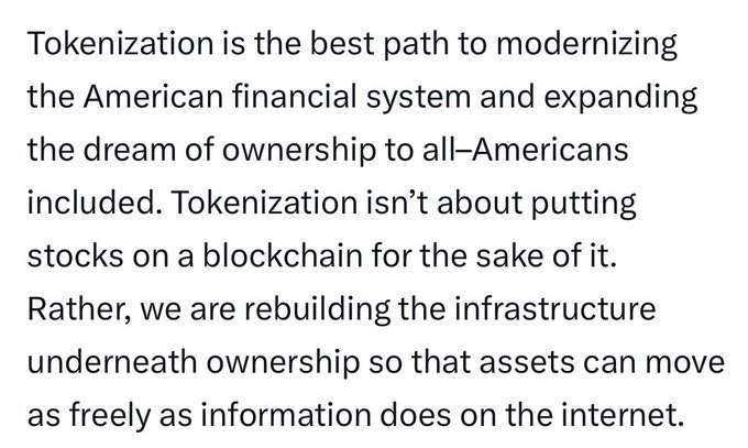 Text on a white background discussing tokenization as a path to modernizing the American financial system, emphasizing rebuilding ownership infrastructure.