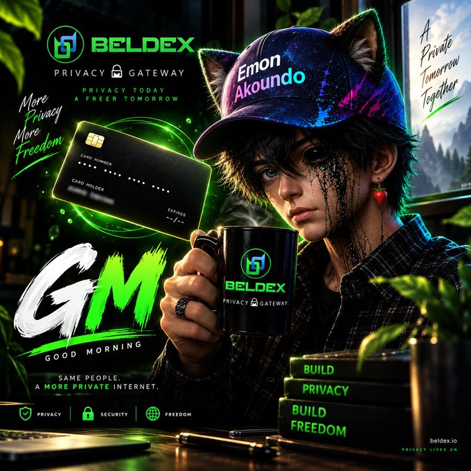 A promotional graphic for Beldex features an anime-style character with cat ears and a glowing black credit card, surrounded by text like 'BELDEX PRIVACY GATEWAY,' 'GM Good Morning,' 'More Privacy More Freedom,' and 'beldex.io.'
