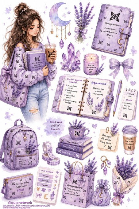 An artistic illustration in purple and lavender tones featuring a girl surrounded by various items like a journal, candles, backpack, and books, all labeled with 'SQUID' and 'Quantum Security' themes by @quipnetwork.