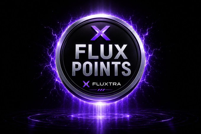 The image features a purple circle with a silver border, which has the word "Flux Points" written inside of it. The background of the image is black, and there are some purple lights shining around the circle. Below the circle, there's text that reads "I'M FUXTRA MANTRA You should too. Flux Points accrue automatically. No claiming. No staking actions. Nothing to do. The leaderboard tracks everything with weekly updates."
