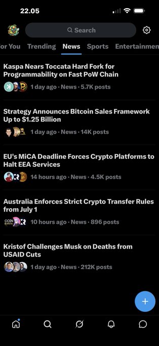 A mobile news app interface showing trending crypto headlines, including 'Kaspa Nears Toccata Hard Fork', 'Strategy Announces Bitcoin Sales Framework', and 'Australia Forces Strict Crypto Transfer Rules'.