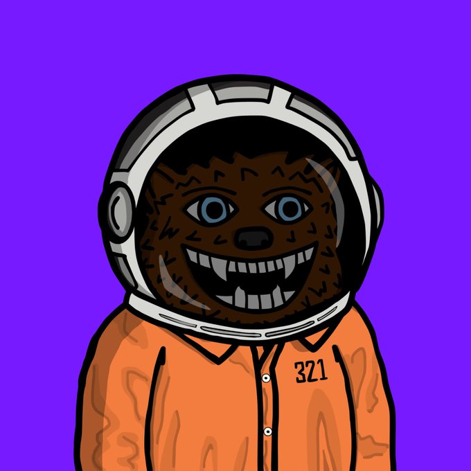 A digital illustration shows a smiling, dark-furred character with fangs wearing an astronaut helmet and an orange prison jumpsuit labeled "321" against a purple background.