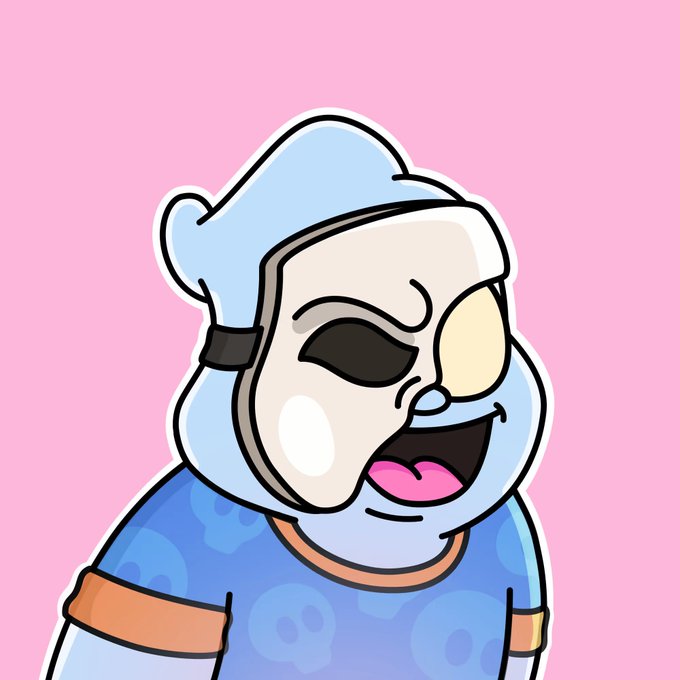 A cartoon NFT character of an older figure with white hair and beard, wearing an eye patch and a blue shirt, set against a pink background.