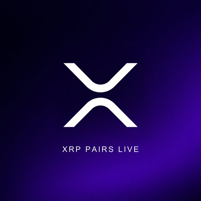 The image features a stylized white "X" logo (the XRP cryptocurrency symbol) centered against a purple gradient background, with the text "XRP PAIRS LIVE" displayed beneath it. This visual announcement reinforces the post's message that XRP trading pairs are now available on the Sender platform.