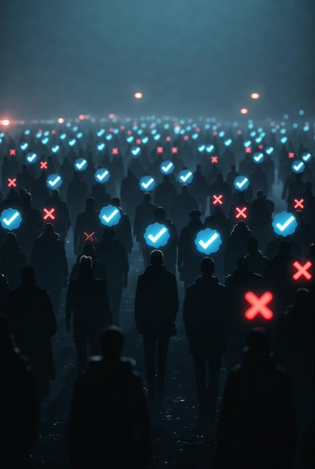 Digital illustration depicting a dark crowd of silhouetted figures illuminated by floating glowing blue checkmarks and red X marks above their heads.
