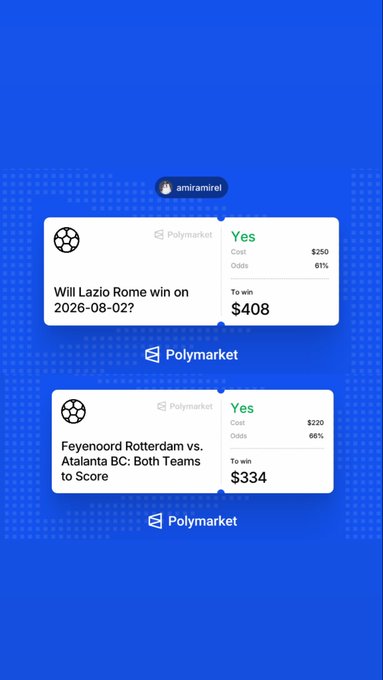 The image shows two Polymarket betting positions from user "amiramirel": $408 wagered on "Yes" for Lazio Rome to win on 2026-08-02 (61% odds, $250 cost), and $334 wagered on "Yes" for Feyenoord Rotterdam vs Atalanta BC: Both Teams to Score (66% odds, $220 cost), corresponding to the preseason friendly bets mentioned in the post.