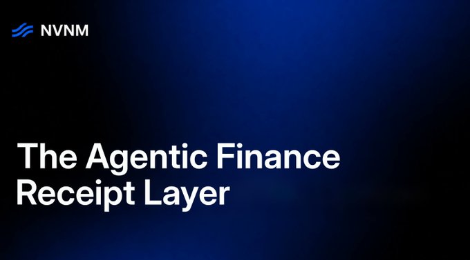 A minimalist dark blue gradient slide featuring the NVNM logo in the top left corner and the white text 'The Agentic Finance Receipt Layer' prominently displayed.