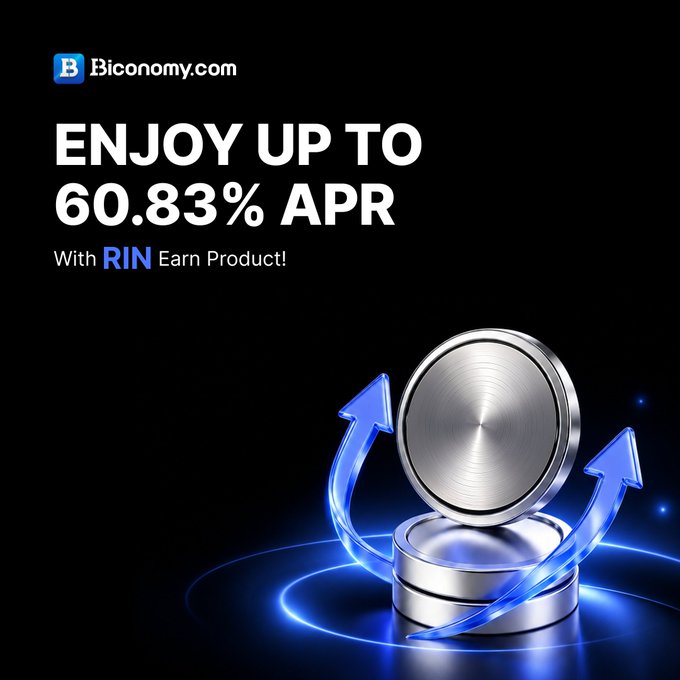 A black advertisement for Biconomy.com promoting 'ENJOY UP TO 60.83% APR With RIN Earn Product!' with a silver coin and blue arrows.