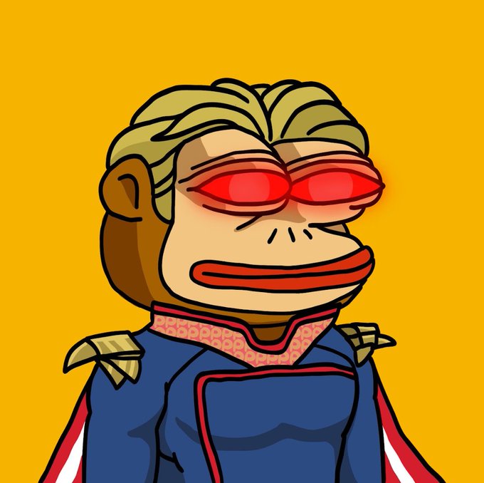 A cartoon illustration of the Homelander character from The Boys, featuring blonde hair, a red, white, and blue costume, and glowing red eyes on a yellow background.