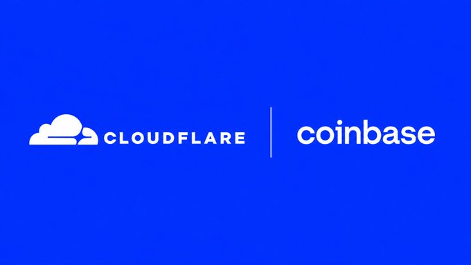 The image shows the logos of Cloudflare and Coinbase displayed side by side on a blue background, visually representing their partnership. This relates to the news of Cloudflare launching stablecoin wallets for AI agents in collaboration with Coinbase through the x402 protocol, enabling autonomous software to transact with digital dollars.