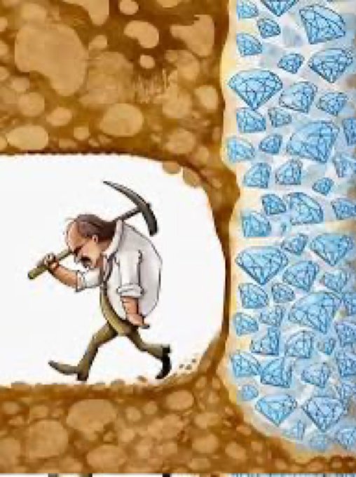 A side-by-side comparison meme showing a tired, hunched cartoon miner with a pickaxe in a nearly empty cave versus the same character surrounded by an abundance of diamonds.