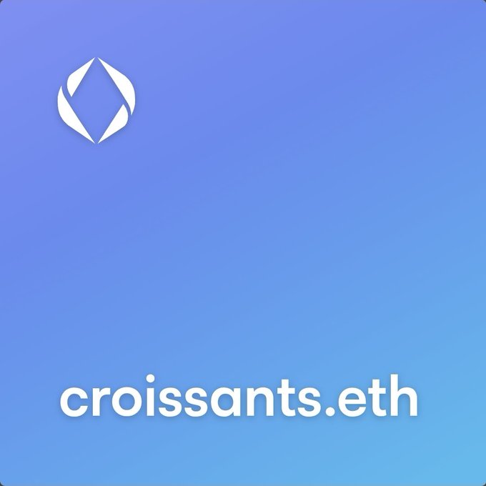 The image displays a blue gradient background featuring the Ethereum logo in the top left corner and the text "croissants.eth" prominently at the bottom, representing an Ethereum Name Service (ENS) domain. This directly answers the post's request to "quote a random ENS you hold" by showcasing this particular ENS identity as an example.