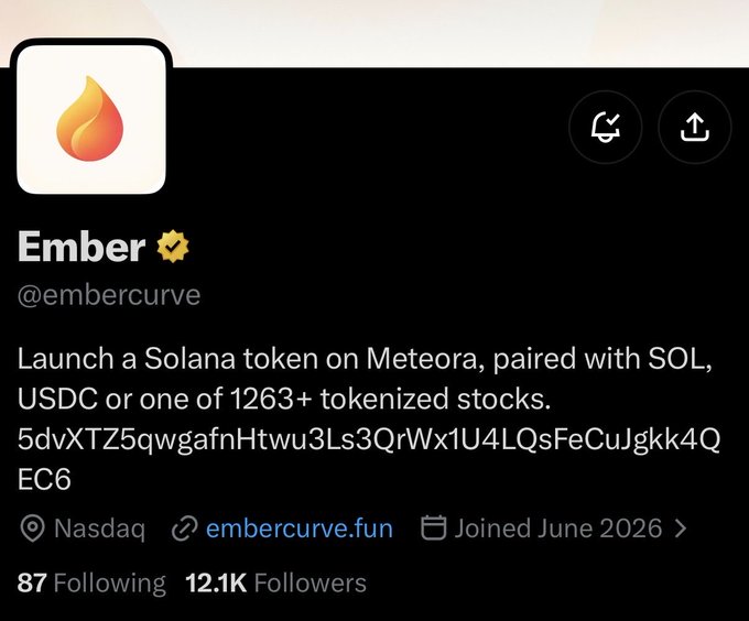 A social media profile for 'Ember' (@embercurve) describing it as a platform to 'Launch a Solana token on Meteora' with 12.1K followers, joined June 2026.
