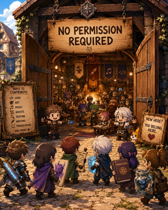 A pixel art illustration depicting a tavern-like guildhall with a sign reading "NO PERMISSION REQUIRED," where various fantasy characters gather, and a board lists "WAYS TO CONTRIBUTE" including CODE, ART, MUSIC, QUESTS, TESTING, WRITING, and TRANSLATION.
