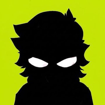 A silhouette illustration of a cartoonish character with spiky hair and glowing white eyes set against a bright yellow-green background.