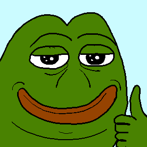 A classic green Pepe the Frog meme giving a thumbs-up gesture against a light blue background.